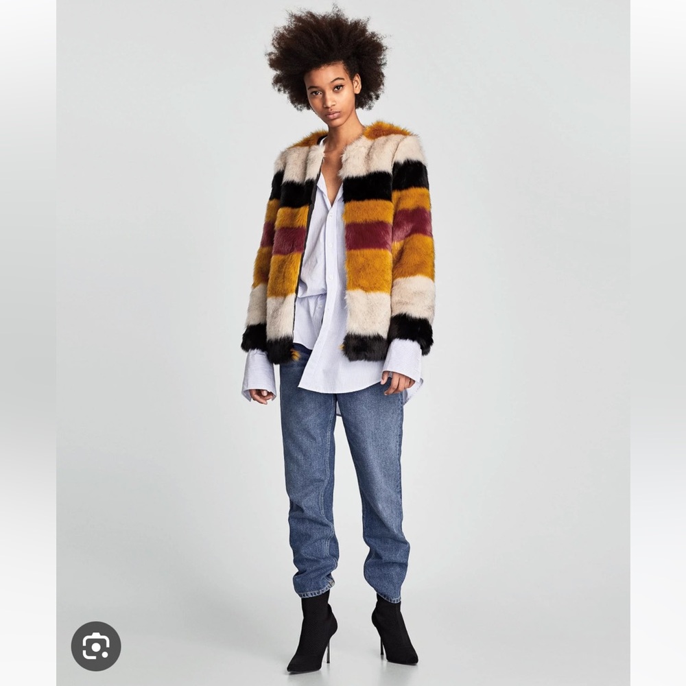 Zara Basic Outerwear Faux Fur Gold, Grey, Black & Wine Striped Jacket